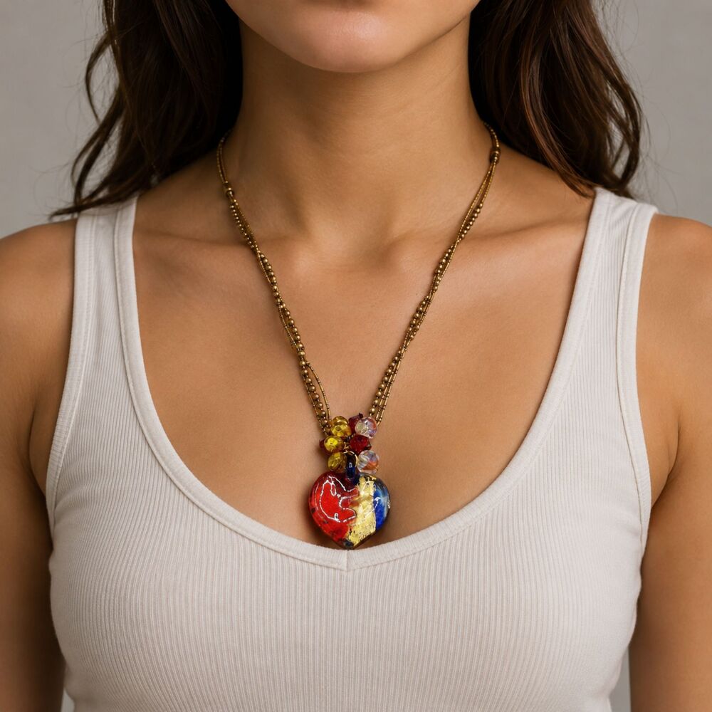 Chico's 1 Strand Red White Blue Dichroic Glass Heart Ball Chain 21" Necklace